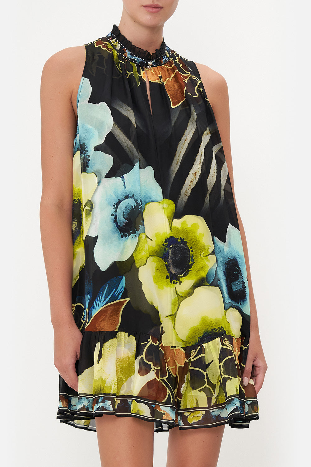 HIGH NECK RUFFLE DRESS POPPY DIVINE