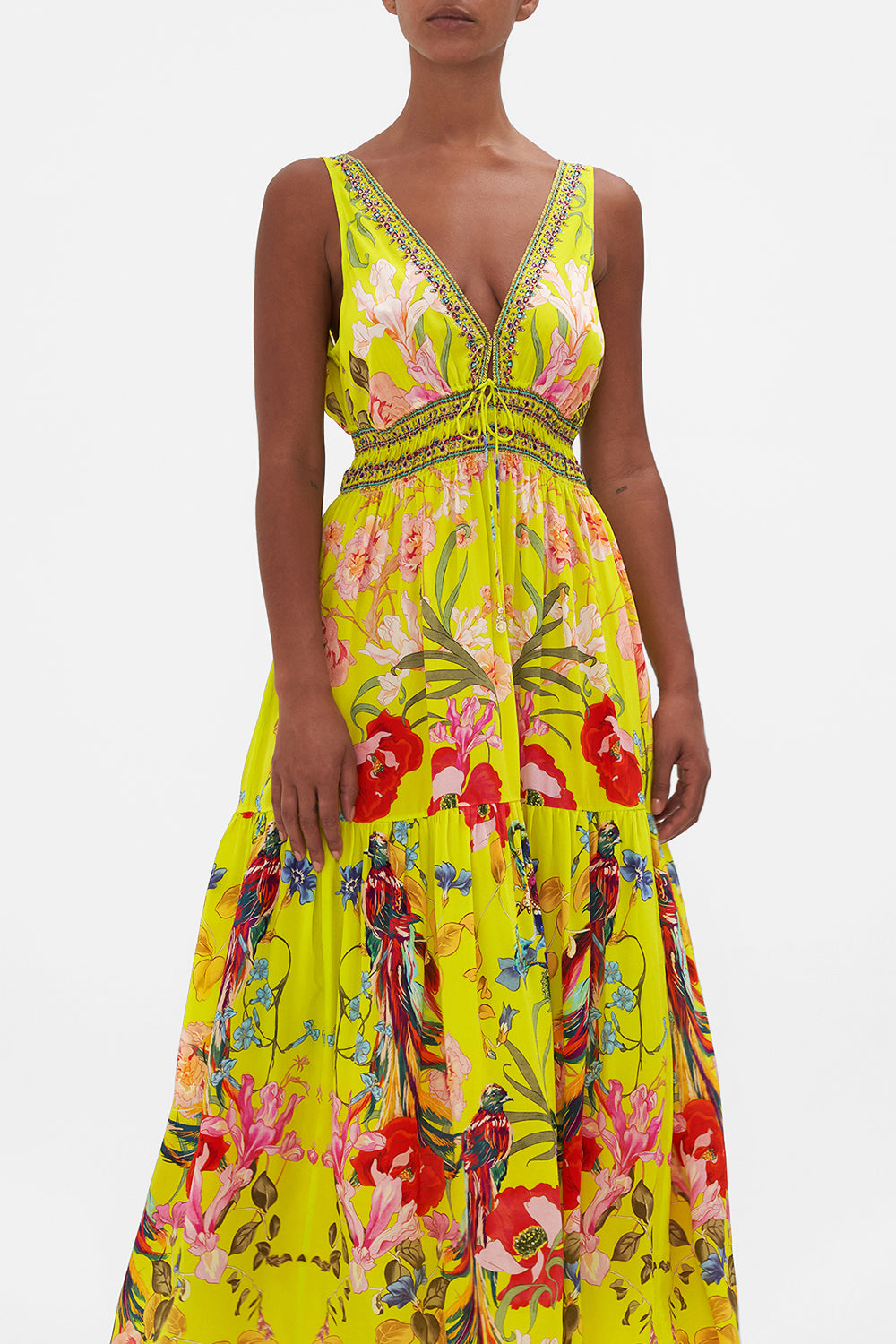 SHIRRED WAIST DETAIL LONG DRESS PEACOCK PROUD