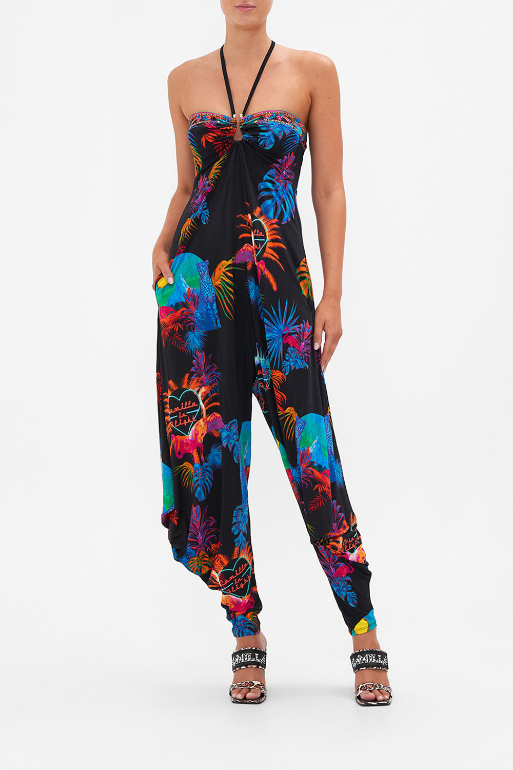 DRAPED PANT JUMPSUIT WITH HARDWARE NAUGHTY NEON