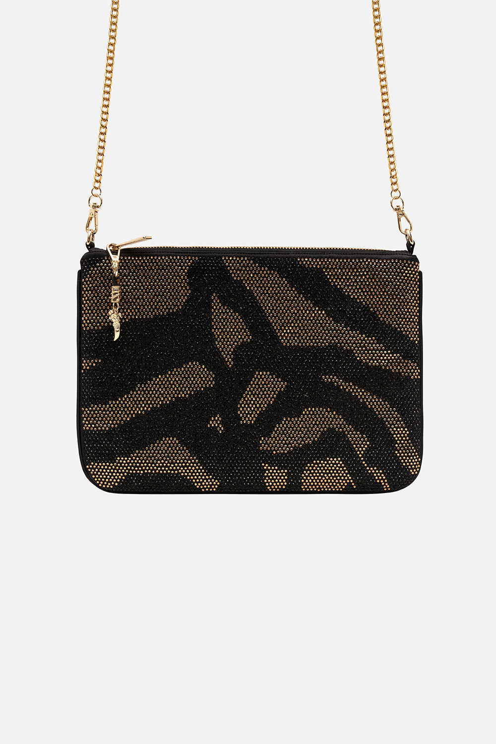 EMBELLISHED ZIP TOP CLUTCH WITH STRAP TAME MY TIGER