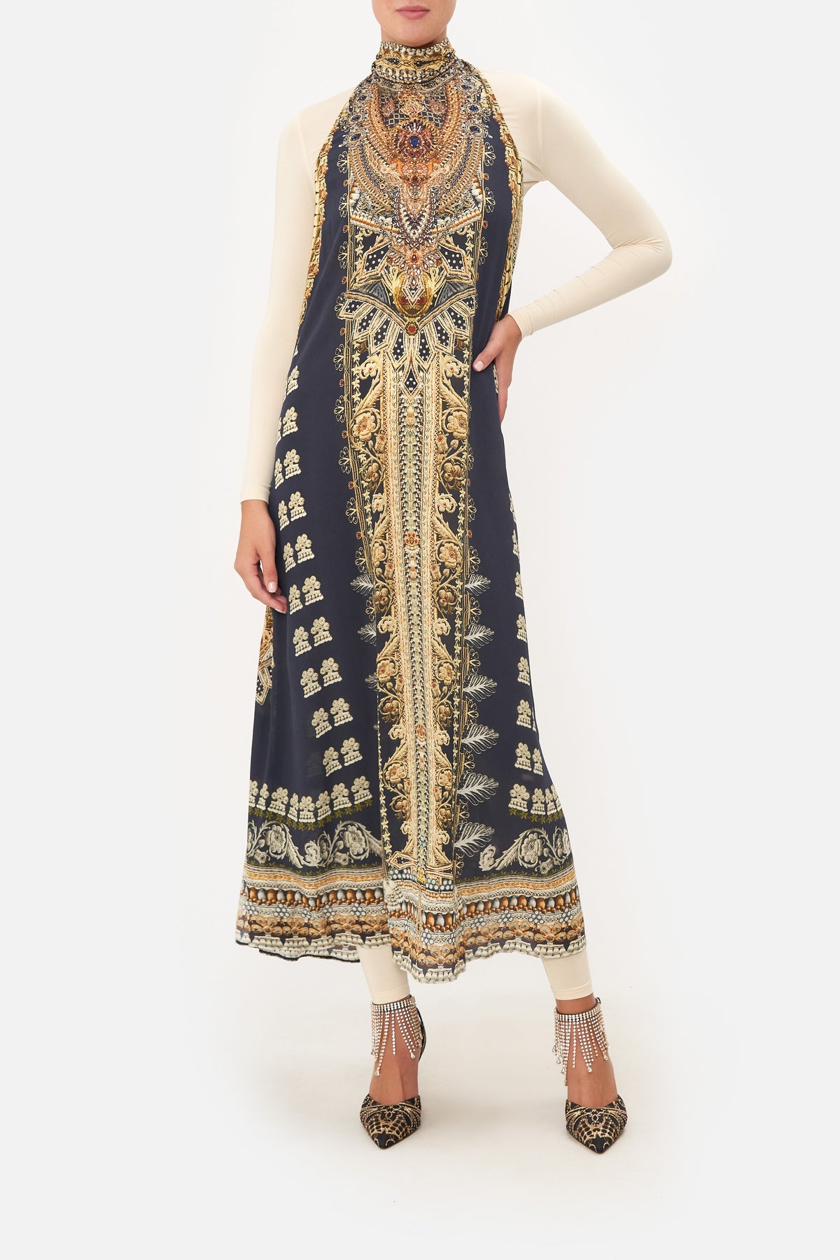 HIGH NECK DRESS WITH BACK NECK TIE ITS ALL OVER TORERO