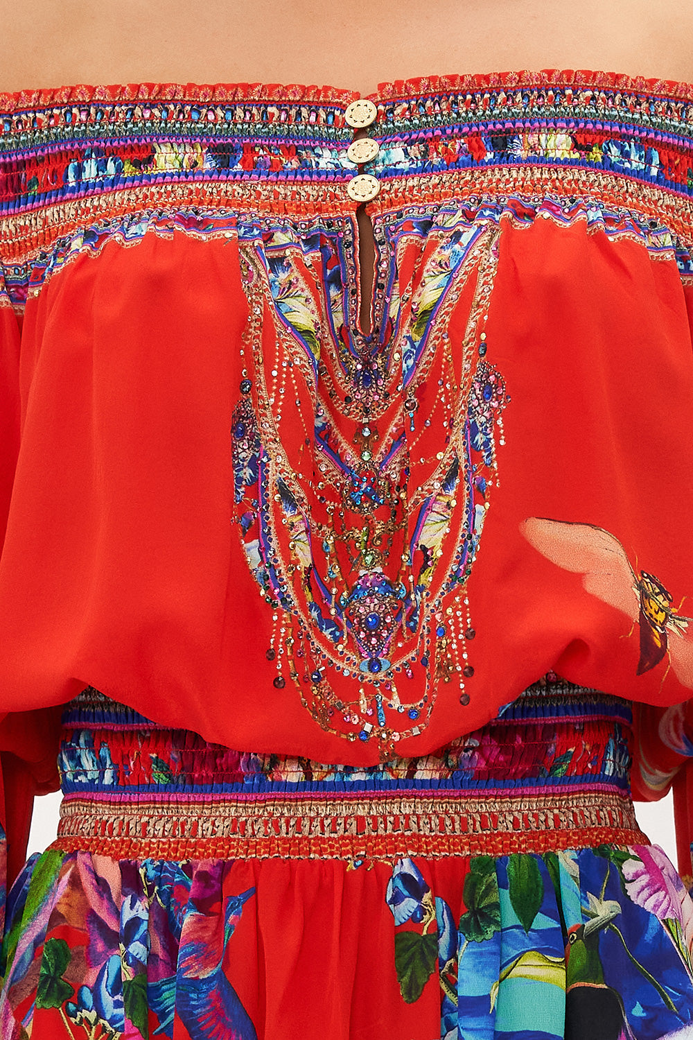 OFF SHOULDER SHORT DRESS BIRDS OF A FEATHER