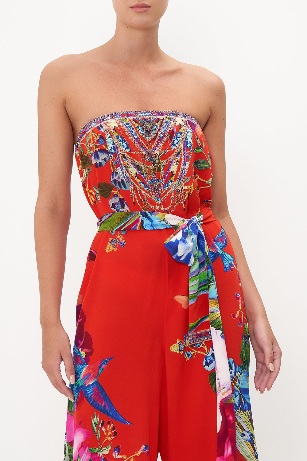 TIE WAIST STRAPLESS JUMPSUIT BIRDS OF A FEATHER