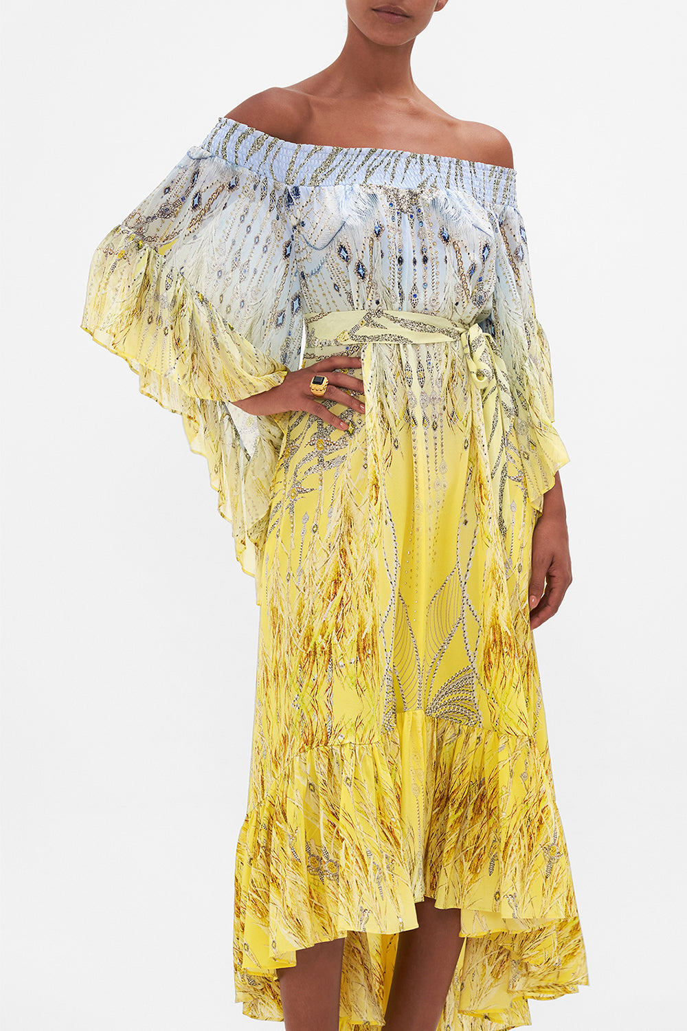 HIGH LOW HEM OFF SHOULDER DRESS MOON AND BACK