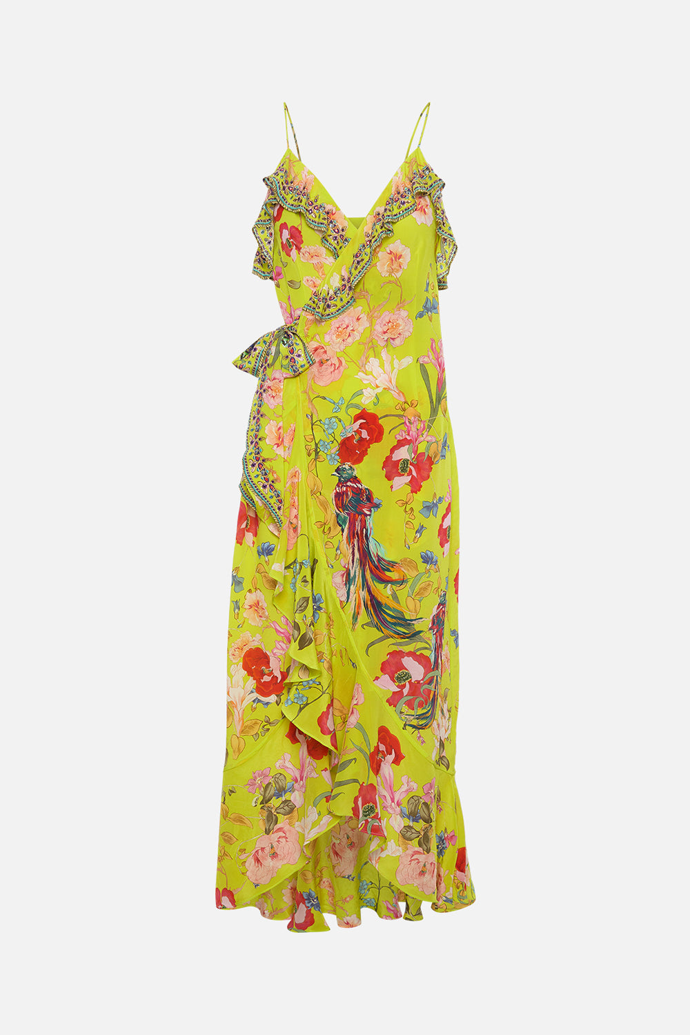 LONG WRAP DRESS WITH FRILL PEACOCK PROUD