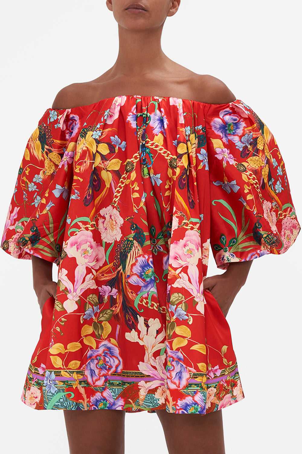 OFF SHOULDER PUFF DRESS RUFFLE SOME FEATHERS