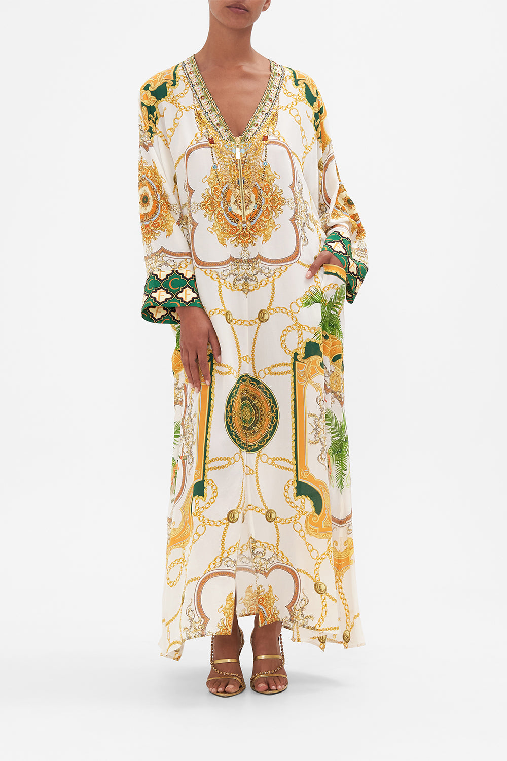 Front view of model wearing CAMILLA white silk kaftan My Sweet Devotion print