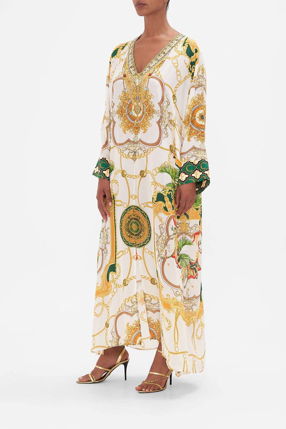 Side view of model wearing CAMILLA white silk kaftan My Sweet Devotion print