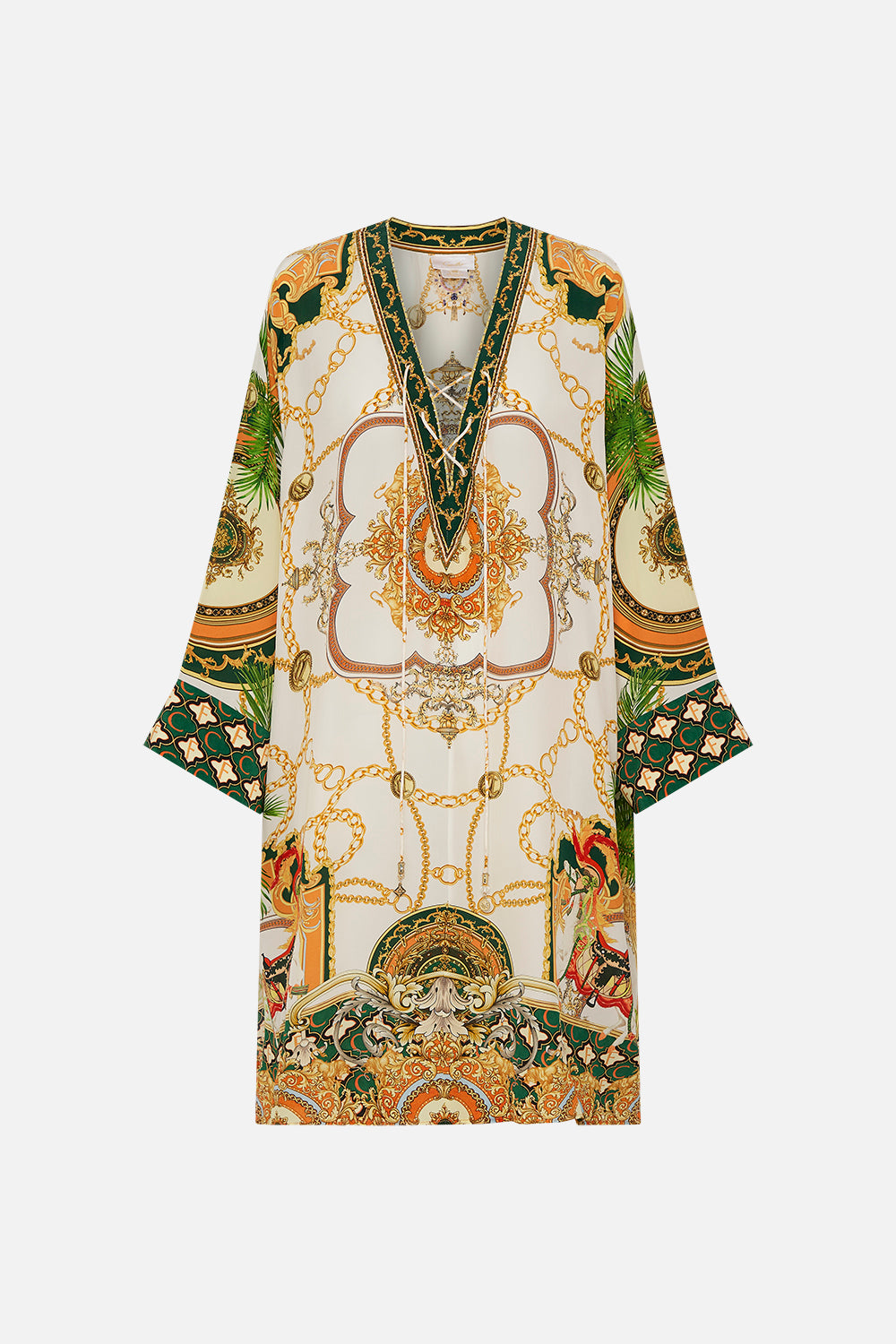 Front product view of CAMILLA silk kaftan in My Sweet Devotion print