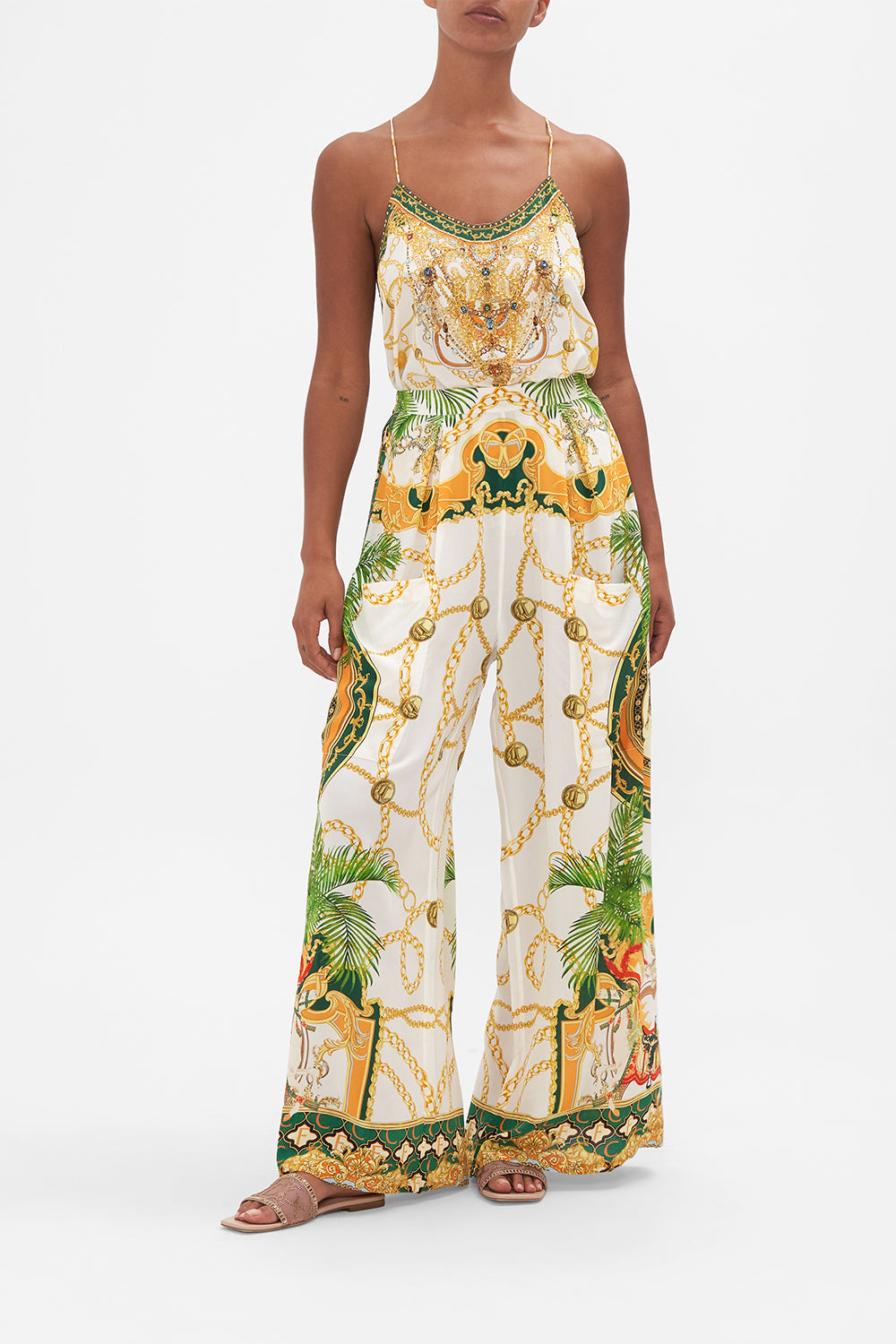 Front view of model wearing CAMILLA silk pants in My Sweet Devotion print 