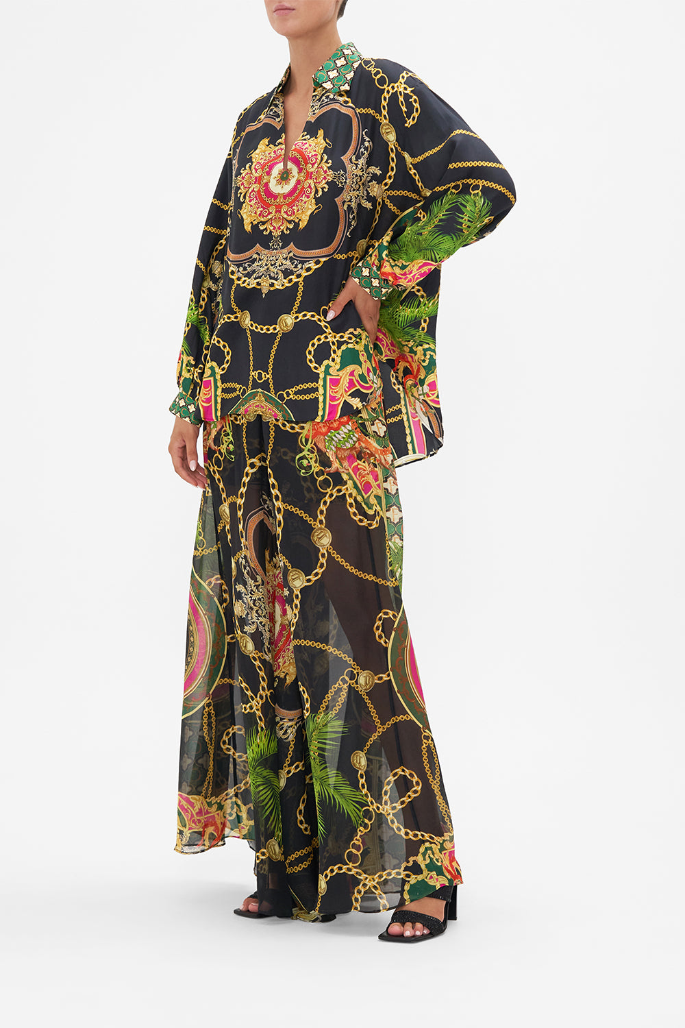 Front view of model wearing CAMILLA floral silk blouse in Jealousy And Jewels print