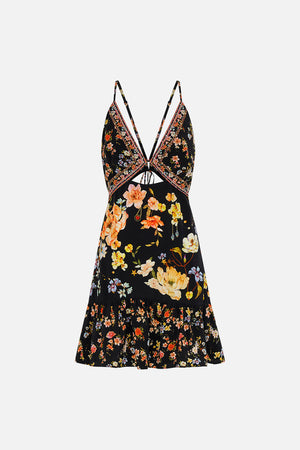 Front product view of CAMILLA floral silk mini dress in Secret History print