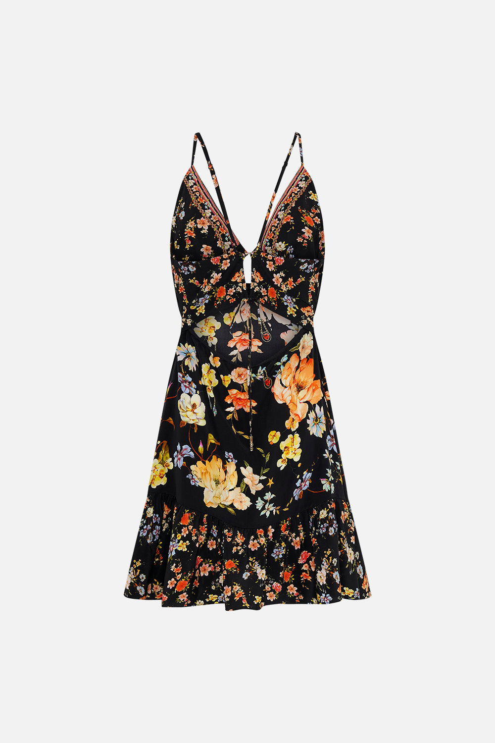 Back product view of CAMILLA floral silk mini dress in Secret History print