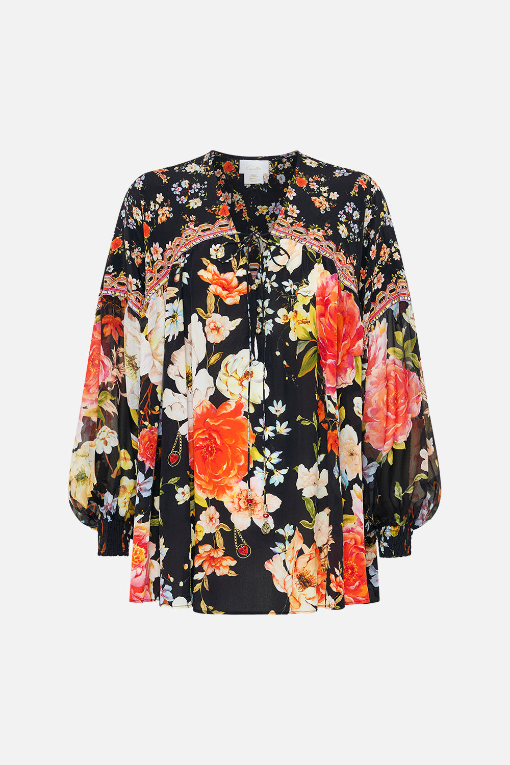Product view of CAMILLA silk blouse in the Secret History print