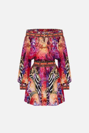 Product view of CAMILLA silk off the shoulder dress in Wild Loving print