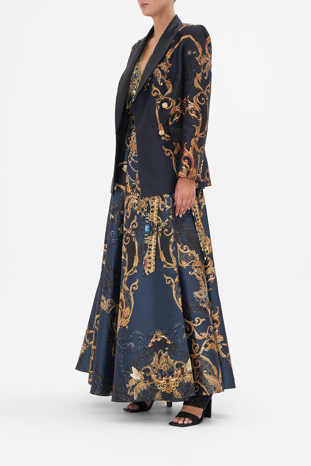 Side view model wearing of CAMILLA silk wool blazer jacket in Moonlight Melodies print