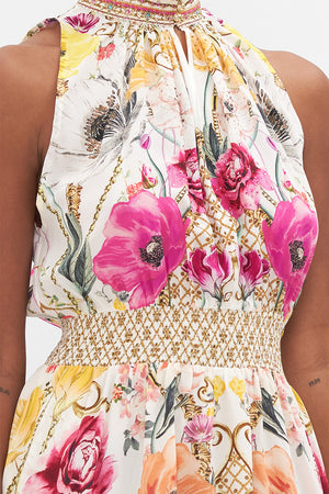 Detail view of model wearing CAMILLA floral mini dress in Destiny Calling print