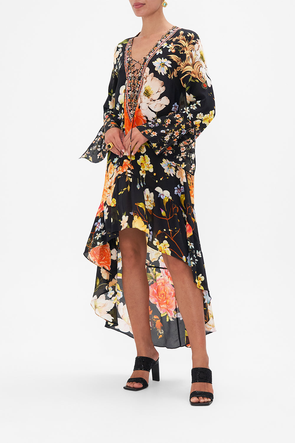 Side view model wearing of CAMILLA floral silk dress in Secret History print