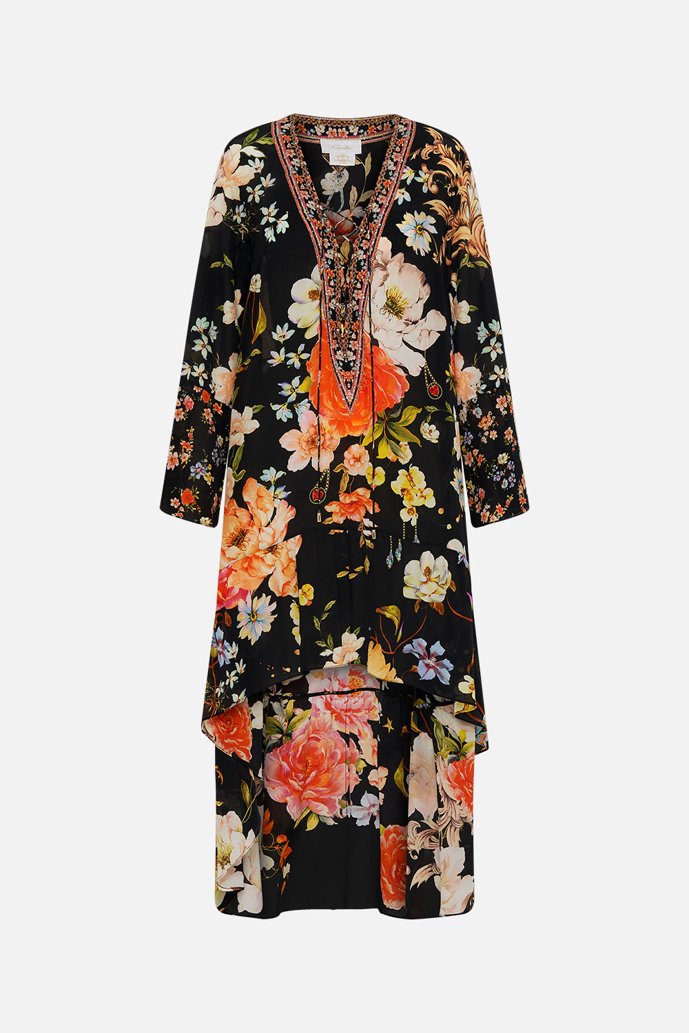 Product view of CAMILLA floral silk dress in Secret History print