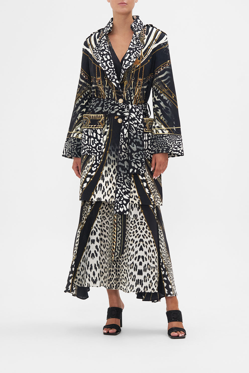 Front view of model wearing CAMILLA animal print coat in Untamed Royalty print