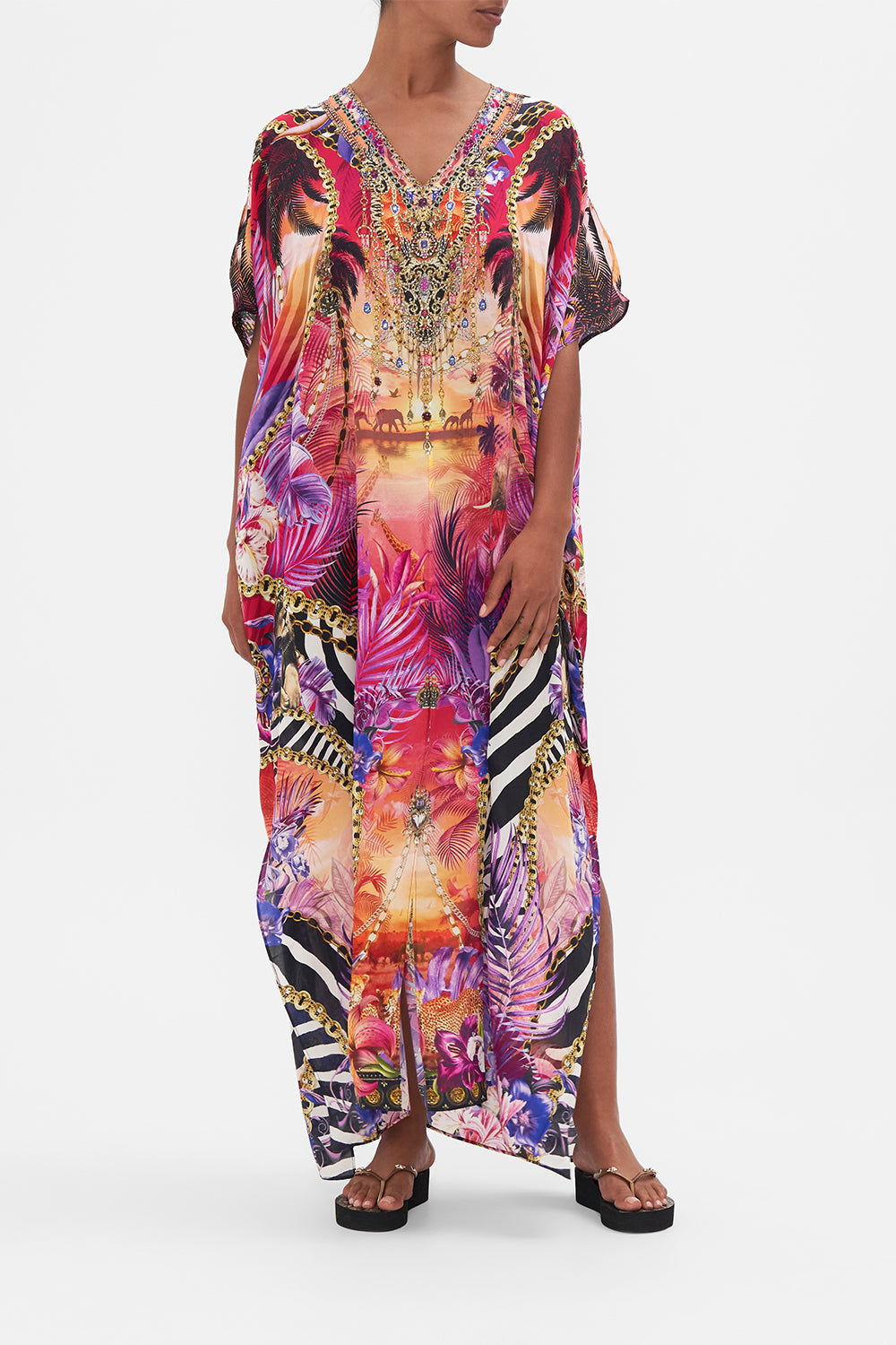 Front view of model wearing CAMILLA silk kaftan in Wild Loving tropical print