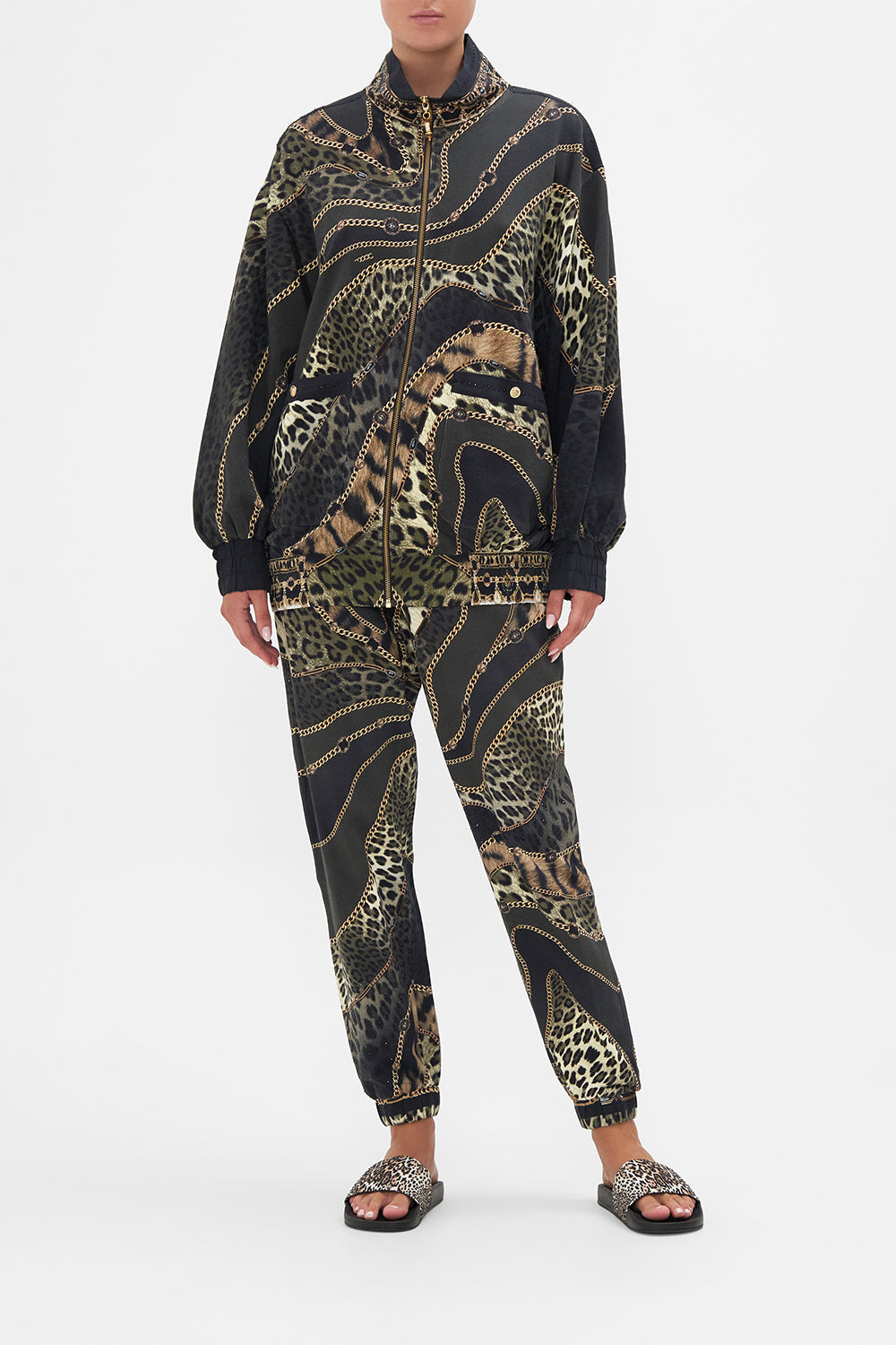 Front view of model wearing CAMILLA lounge jacket in Lions Mane print