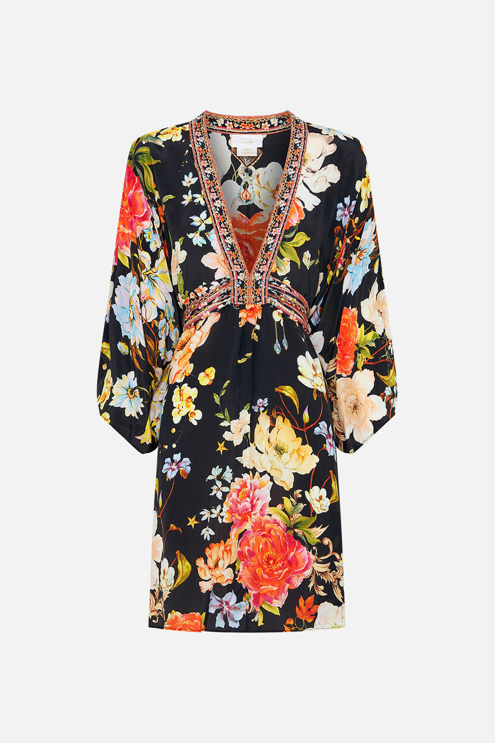 Product view of CAMILLA floral silk kaftan in Secret History print