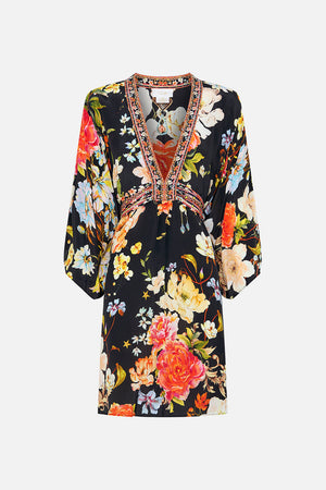 Product view of CAMILLA floral silk kaftan in Secret History print