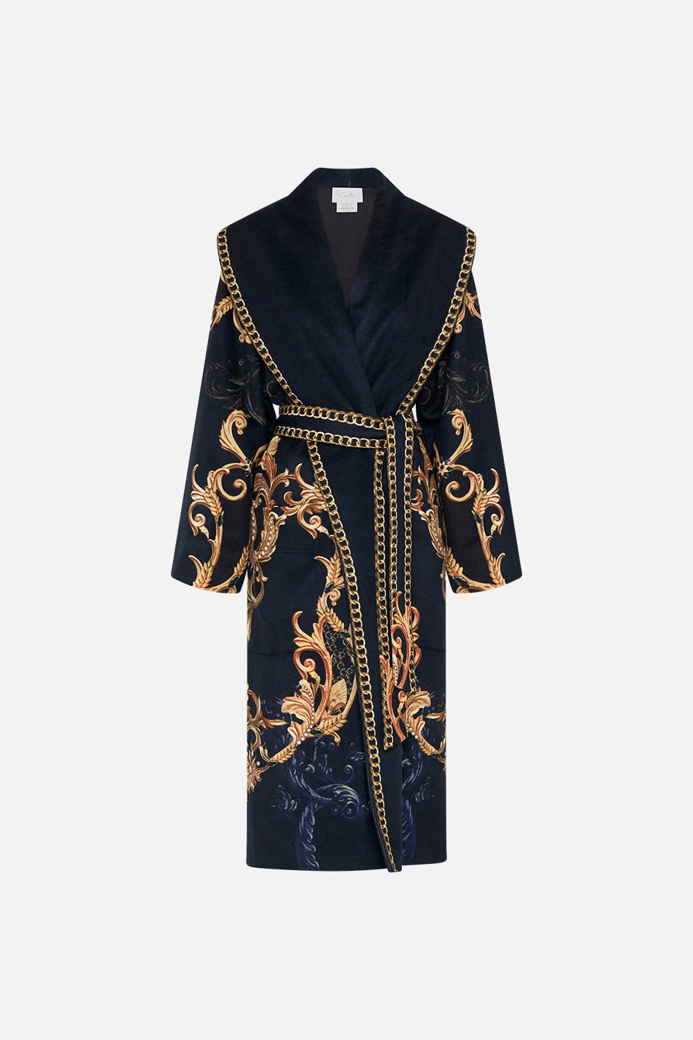 Front product view of CAMILLA long wool coat in Moonlight Melodies print