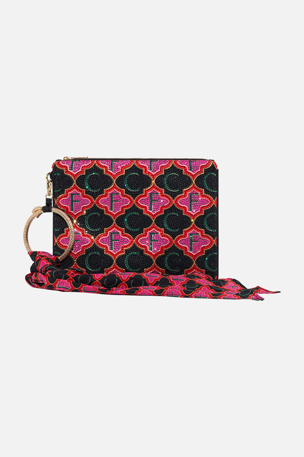 Product view of CAMILLA silk ring scarf clutch in Wild And Running print