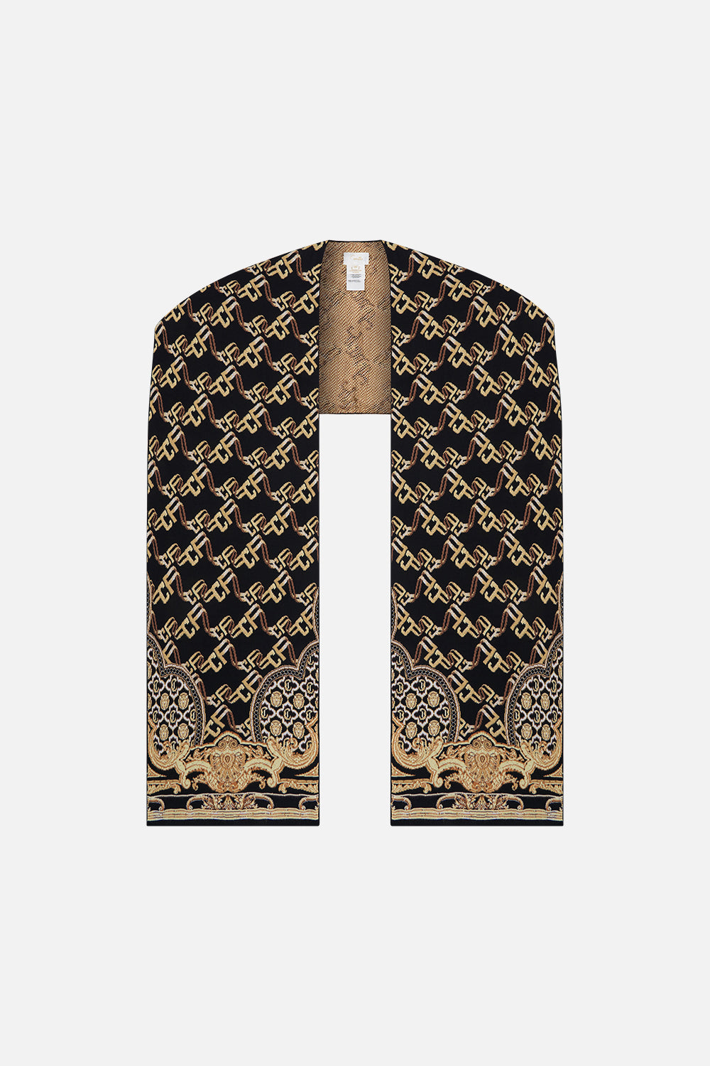 Product view of CAMILLA knit scarf in Tether Me Not jacquard pattern