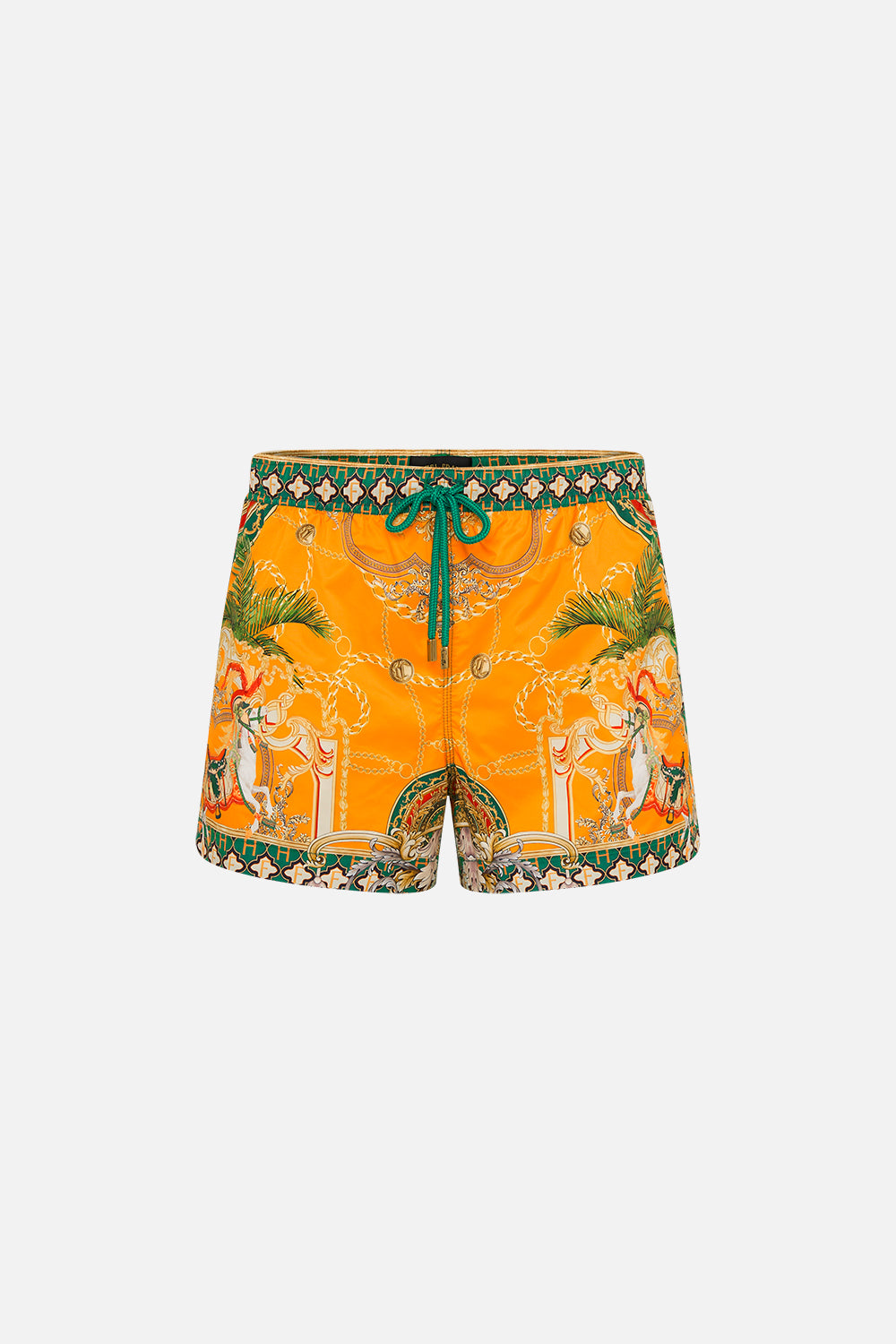 Product view of Hotel Franks by CAMILLA silk mens short boardshorts in orange Dancing With The Bulls print