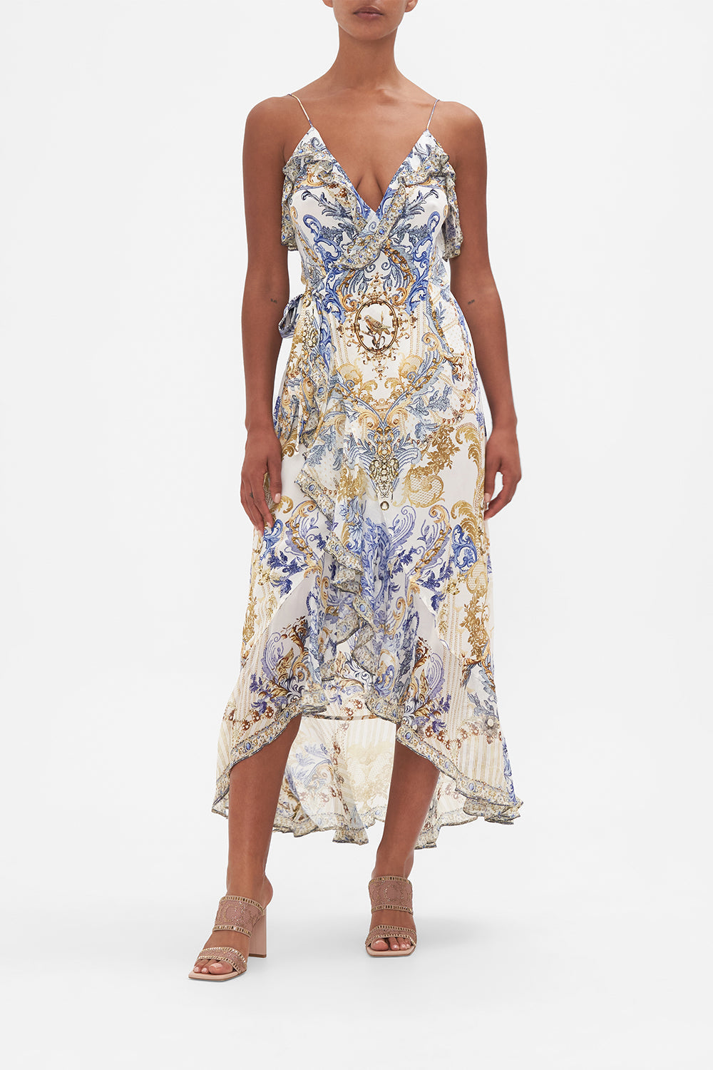 Front view of model wearing CAMILLA silk wrap dress in Soul Searching  print