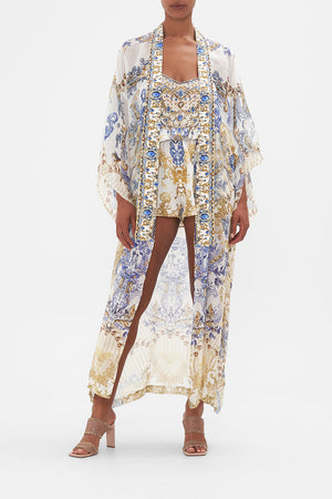 Front view model wearing of CAMILLA silk kimono layer in Soul Searching print