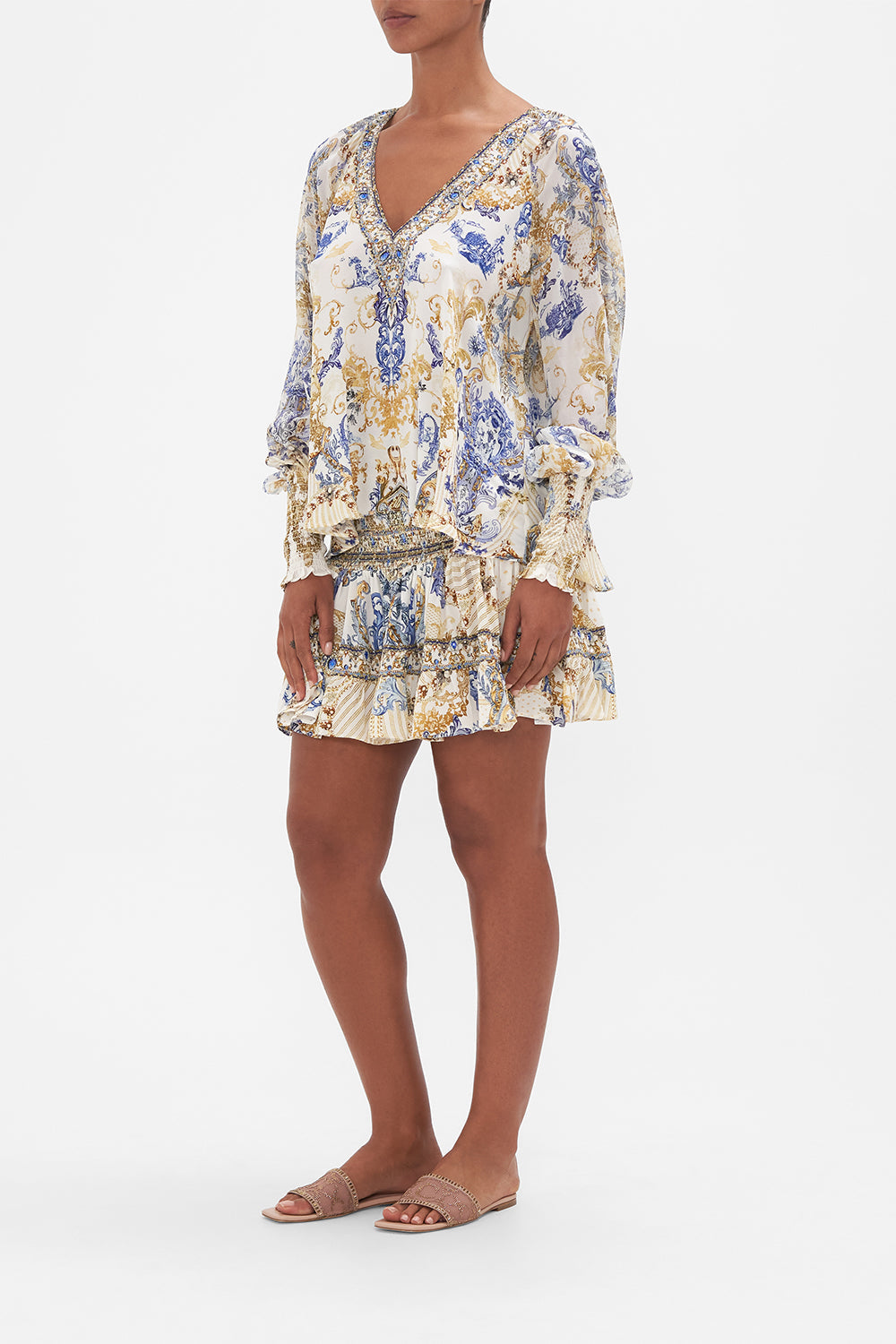 Side view of model wearing CAMILLA silk blouse in Soul Searching print