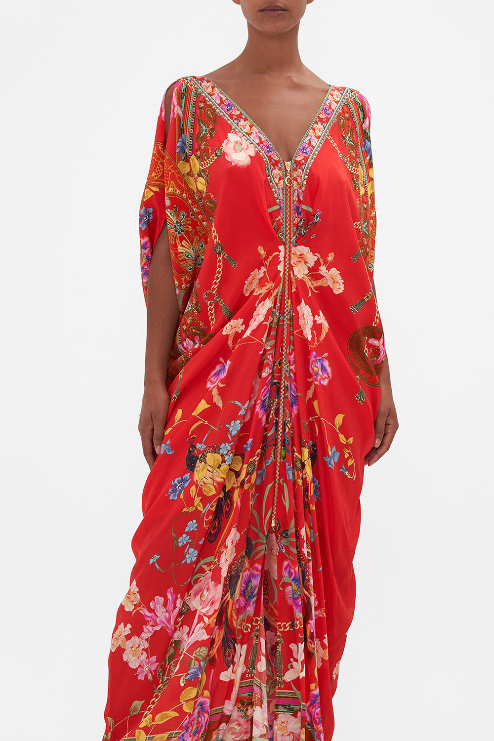 LONG DRAPE DRESS WITH ZIP FRONT RUFFLE SOME FEATHERS