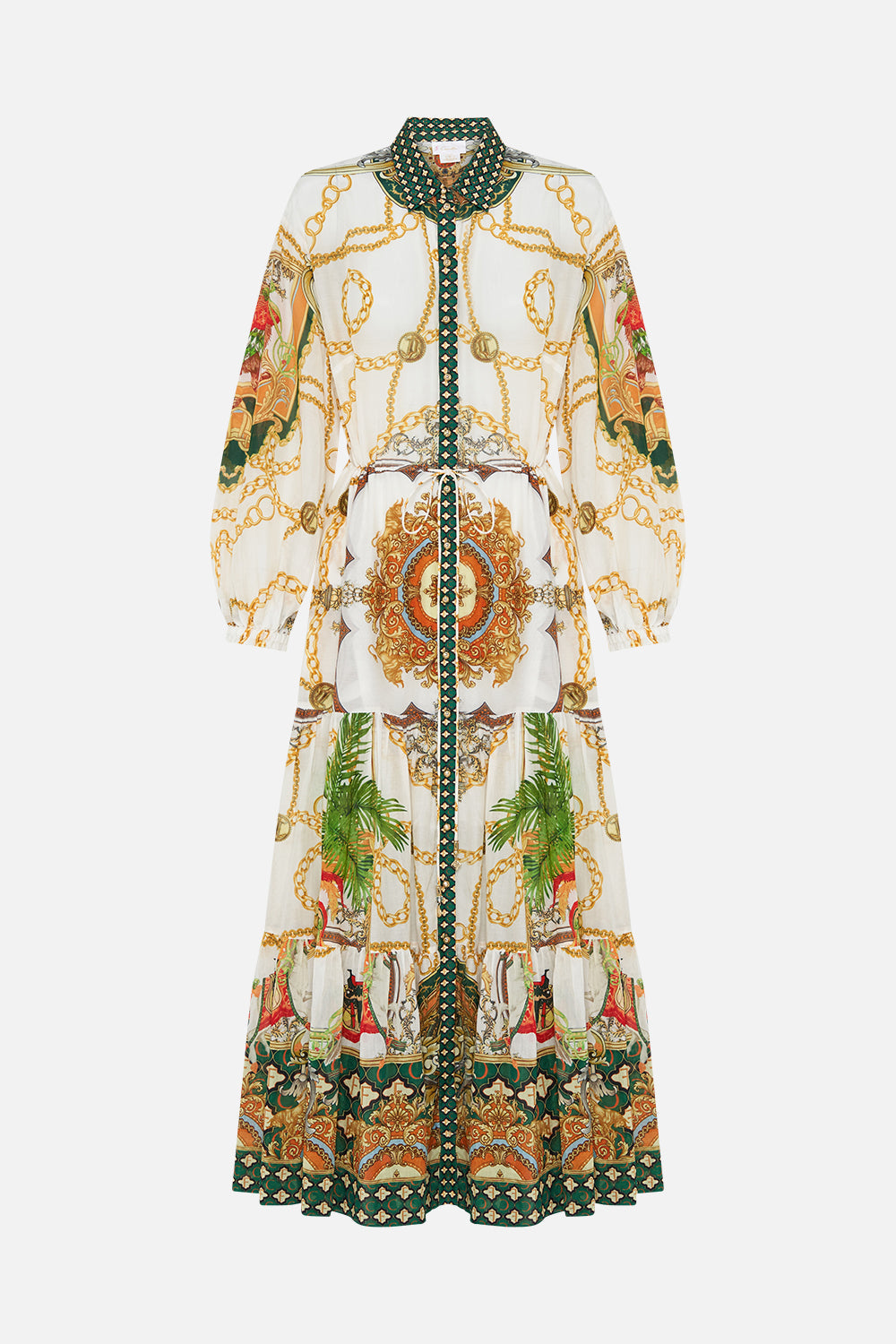 Detail view of model wearing CAMILLA silk cotton maxi dress in My Sweet Devotion print