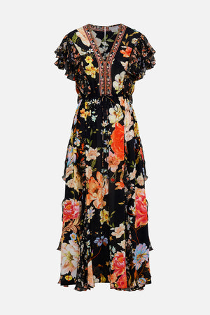 Front product view of CAMILLA silk ruffle maxi dress in Secret History floral print