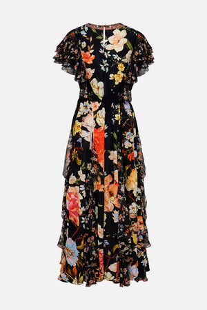 Back product view of CAMILLA silk ruffle maxi dress in Secret History floral print