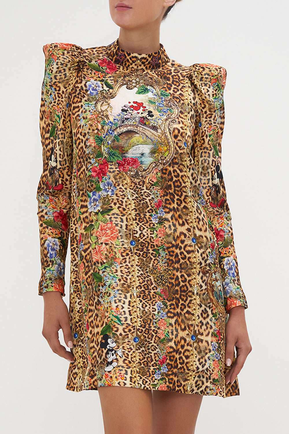 PUFF SLEEVE HIGH NECK MINI DRESS MICKEY MANIA