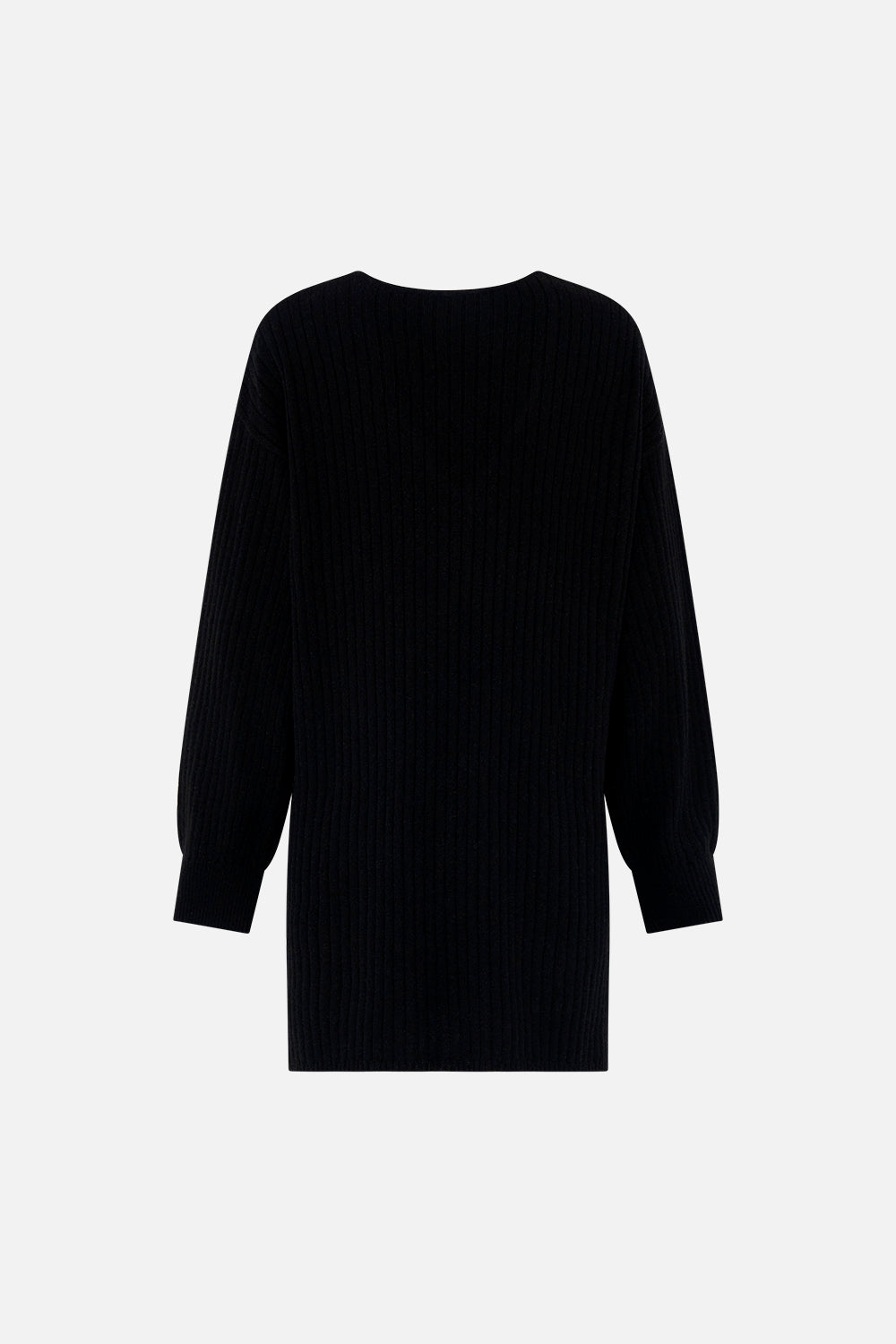 Back product view of CAMILLA black v neck wool cashmere knit jumper in Lions Mane print