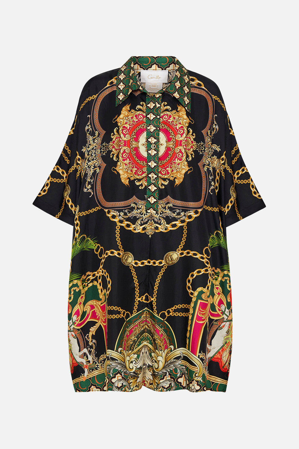 Front product view of CAMILLA silk kaftan in Jealousy And Jewels  print