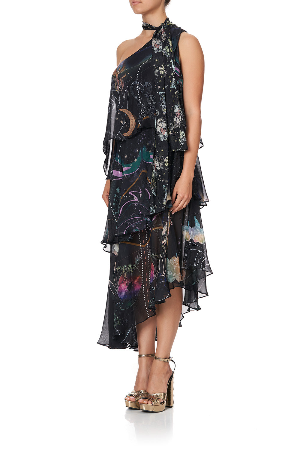 ASYMMETRICAL NECK TIE DRESS MIDNIGHT MOON HOUSE