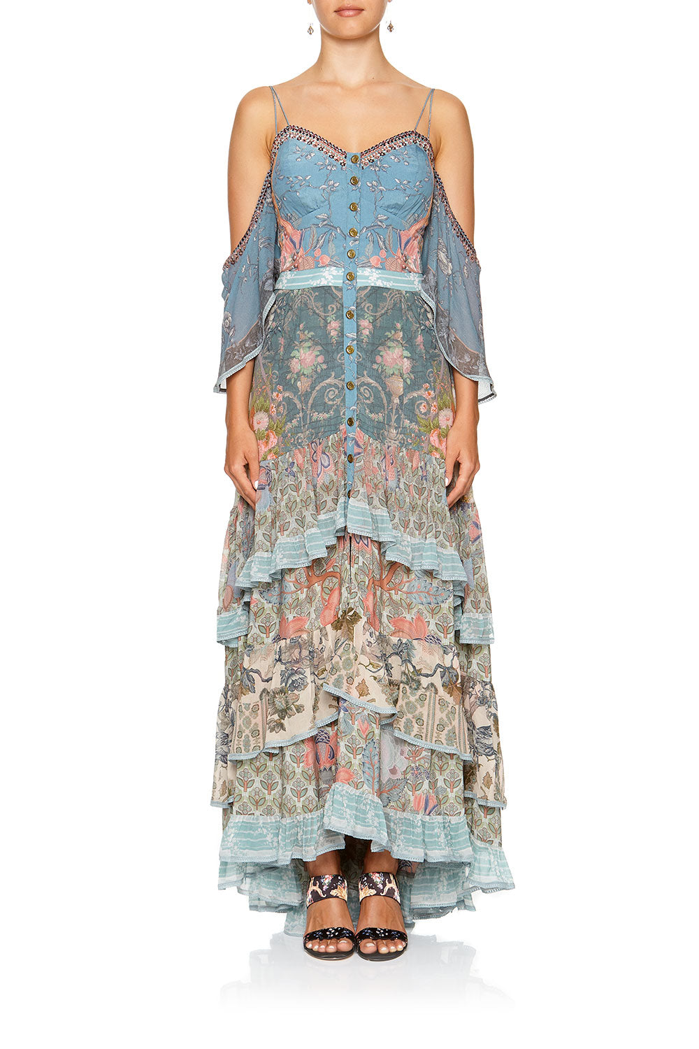 BUTTON-UP HIGH LOW DRESS WITH RUFFLE DETAIL BLANCHES BLESSING