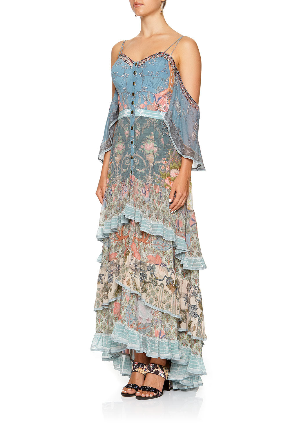 BUTTON-UP HIGH LOW DRESS WITH RUFFLE DETAIL BLANCHES BLESSING