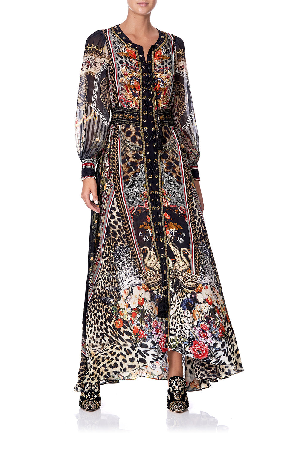 LACE UP DRESS WITH BLOUSON SLEEVE MARAIS AT MIDNIGHT