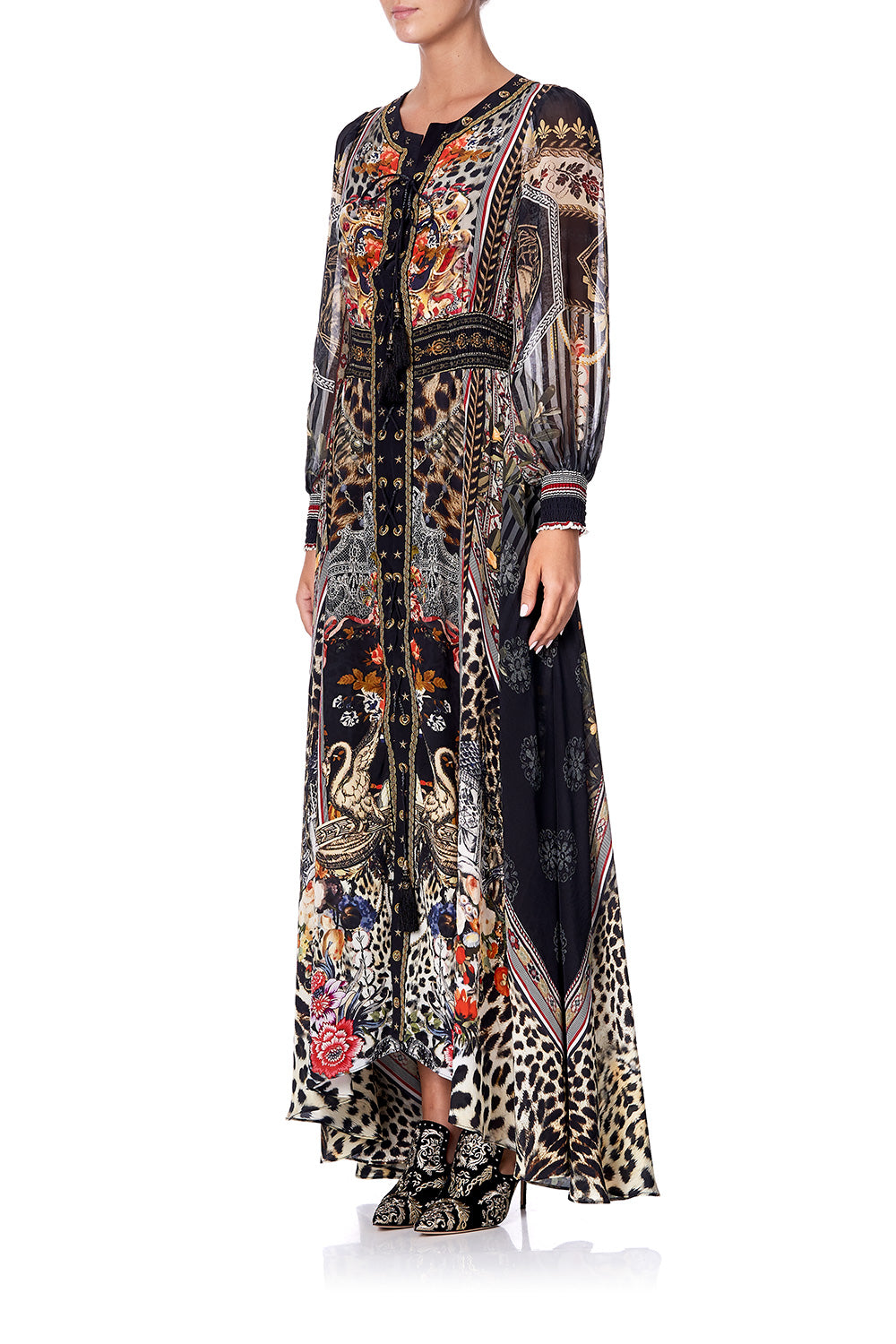 LACE UP DRESS WITH BLOUSON SLEEVE MARAIS AT MIDNIGHT