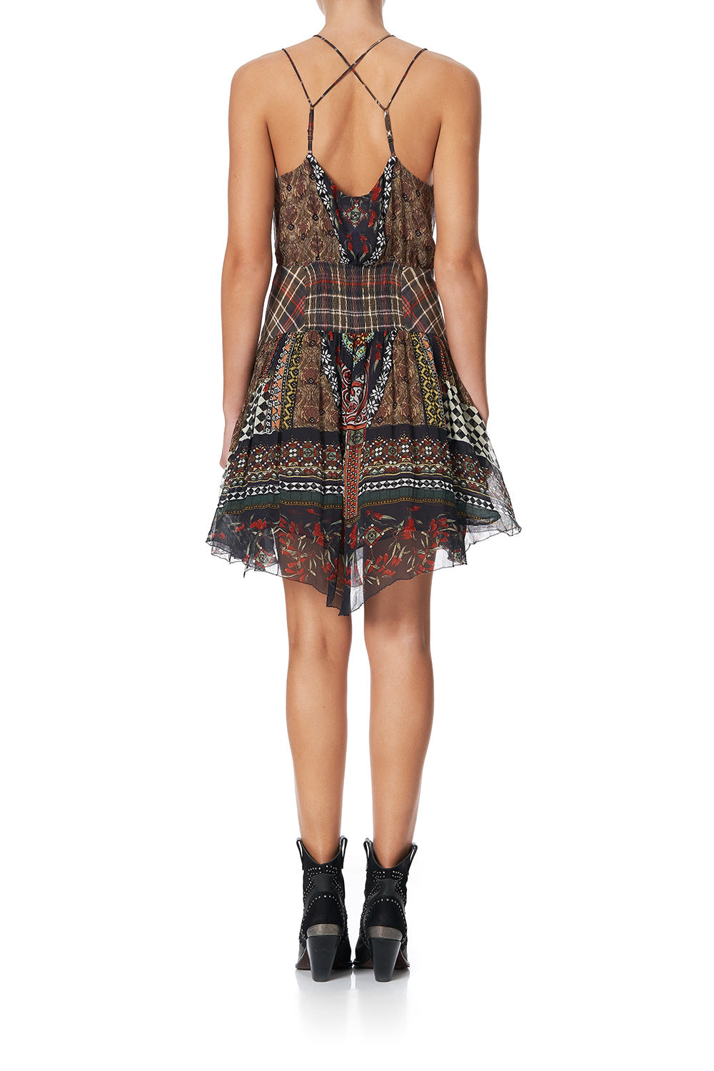 SHORT DRESS WITH SHAPED WAISTBAND PAVED IN PAISLEY