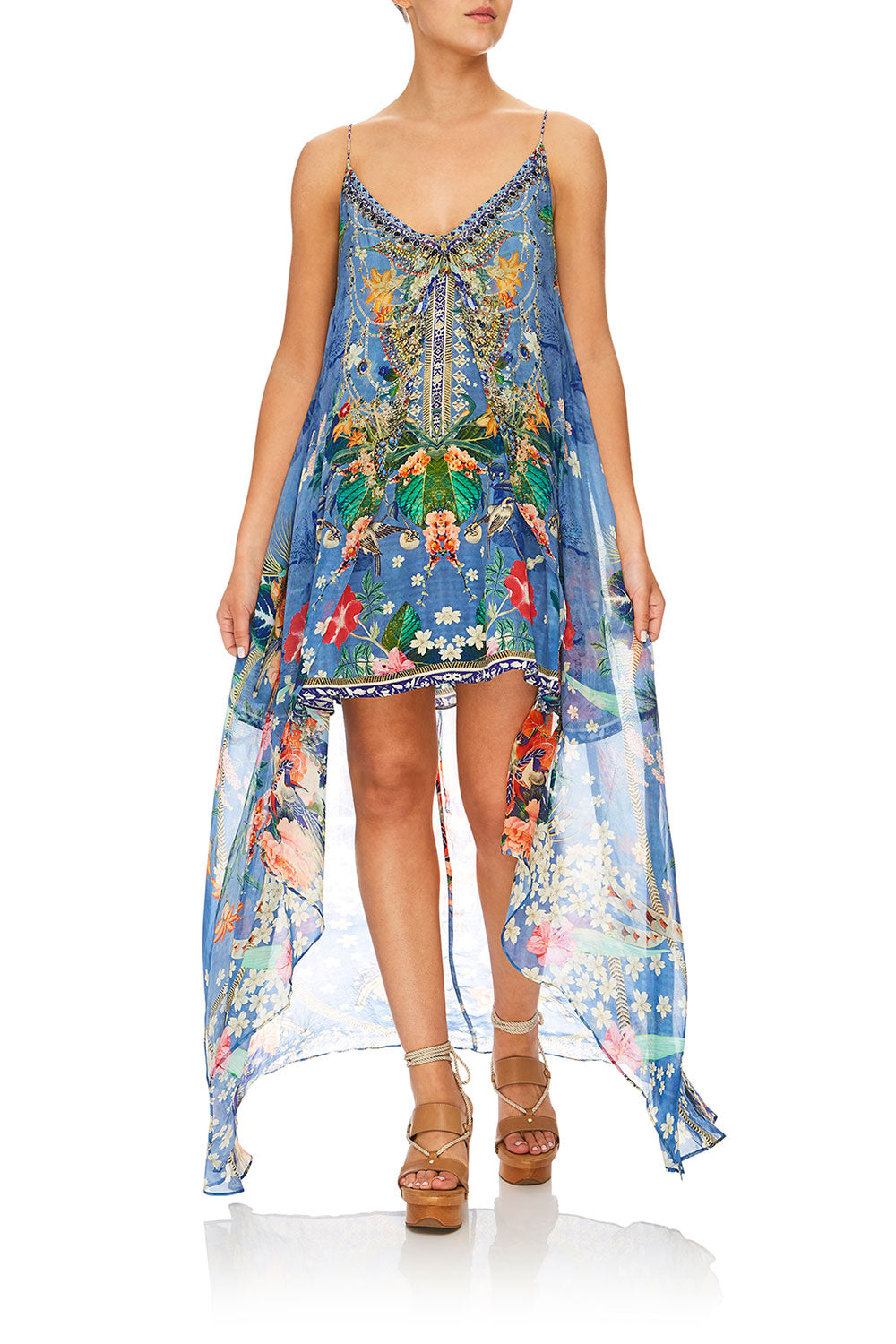 CAMILLA FARAWAY FLORALS FLARED MINI W/ SHEER OVERLAY