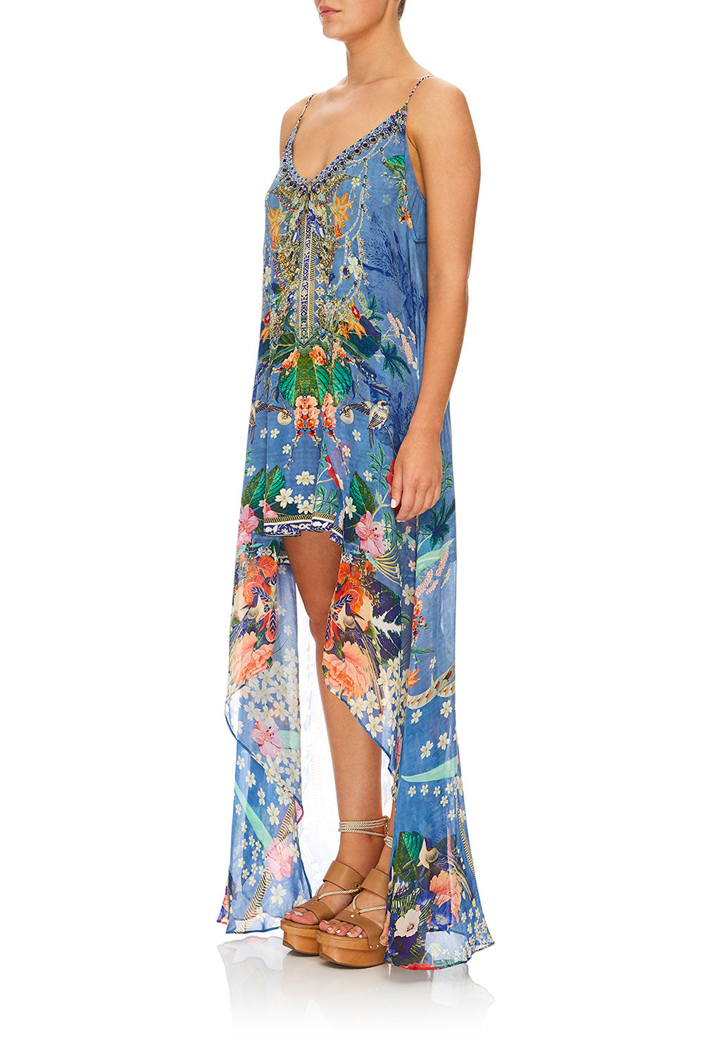 CAMILLA FARAWAY FLORALS FLARED MINI W/ SHEER OVERLAY